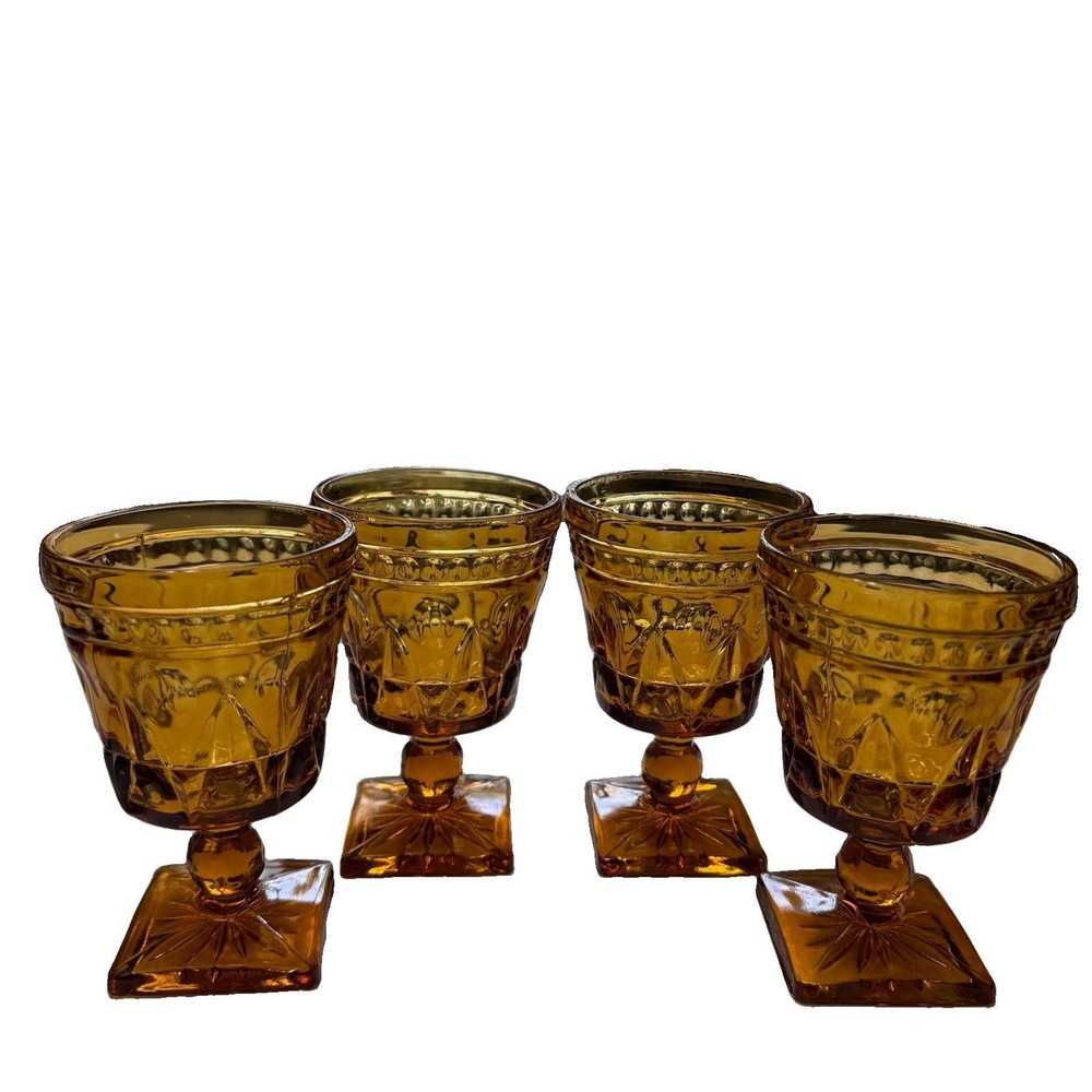 Vintage Indiana Glass Colony Park Lane Amber Footed Water Goblet (Set of 4)